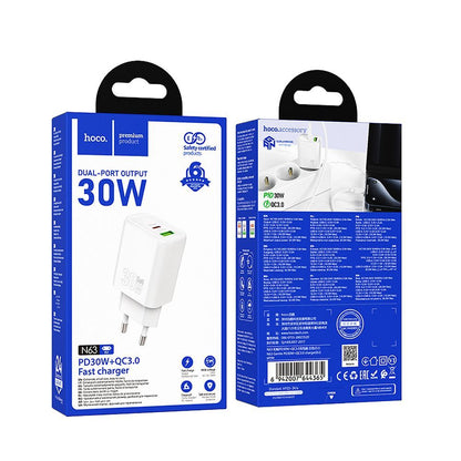 Sieťová nabíjačka HOCO N63, 30W, 3A, 1 x USB-A - 1 x USB-C, Biela