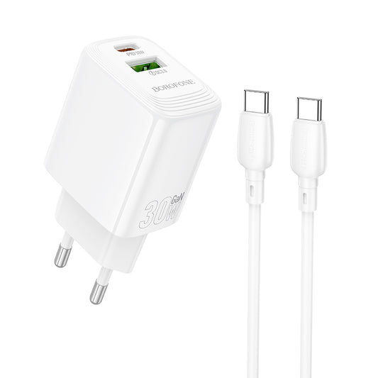 Sieťová nabíjačka s káblom USB-C Borofone BN29 Fuente, 30W, 3A, 1 x USB-A - 1 x USB-C, Biela