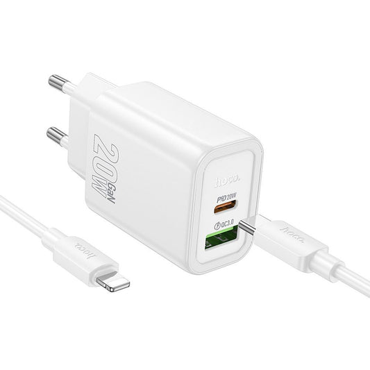 Sieťová nabíjačka s káblom Lightning HOCO N61, 20W, 3A, 1 x USB-A - 1 x USB-C, Biela