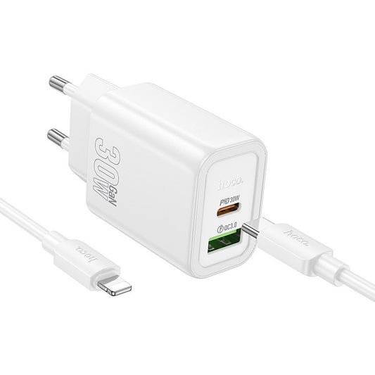 Sieťová nabíjačka s káblom Lightning HOCO N63, 30W, 3A, 1 x USB-A - 1 x USB-C, Biela