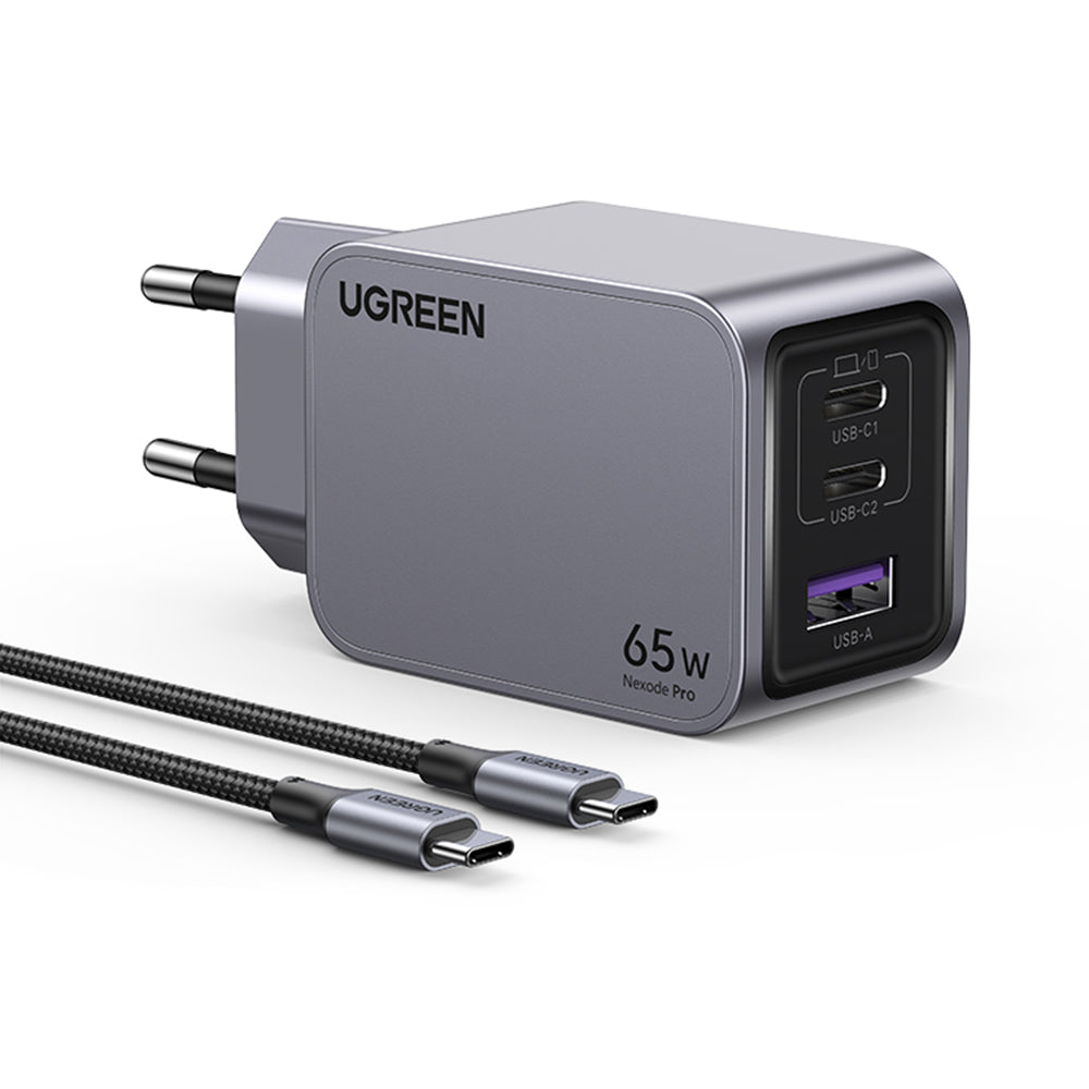 Sieťová nabíjačka s káblom USB-C UGREEN X755 Nexode Pro, 65W, 3A, 1 x USB-A - 2 x USB-C, Sivá