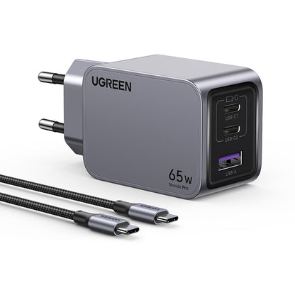 Sieťová nabíjačka s káblom USB-C UGREEN X755 Nexode Pro, 65W, 3A, 1 x USB-A - 2 x USB-C, Sivá