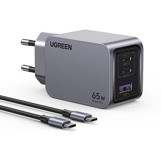 Sieťová nabíjačka s káblom USB-C UGREEN X755 Nexode Pro, 65W, 3A, 1 x USB-A - 2 x USB-C, Sivá