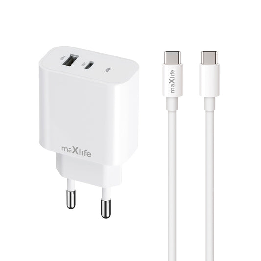 Sieťová nabíjačka s káblom USB-C MaXlife MXTC-06-20AC, 20W, 3A, 1 x USB-A - 1 x USB-C, Biela