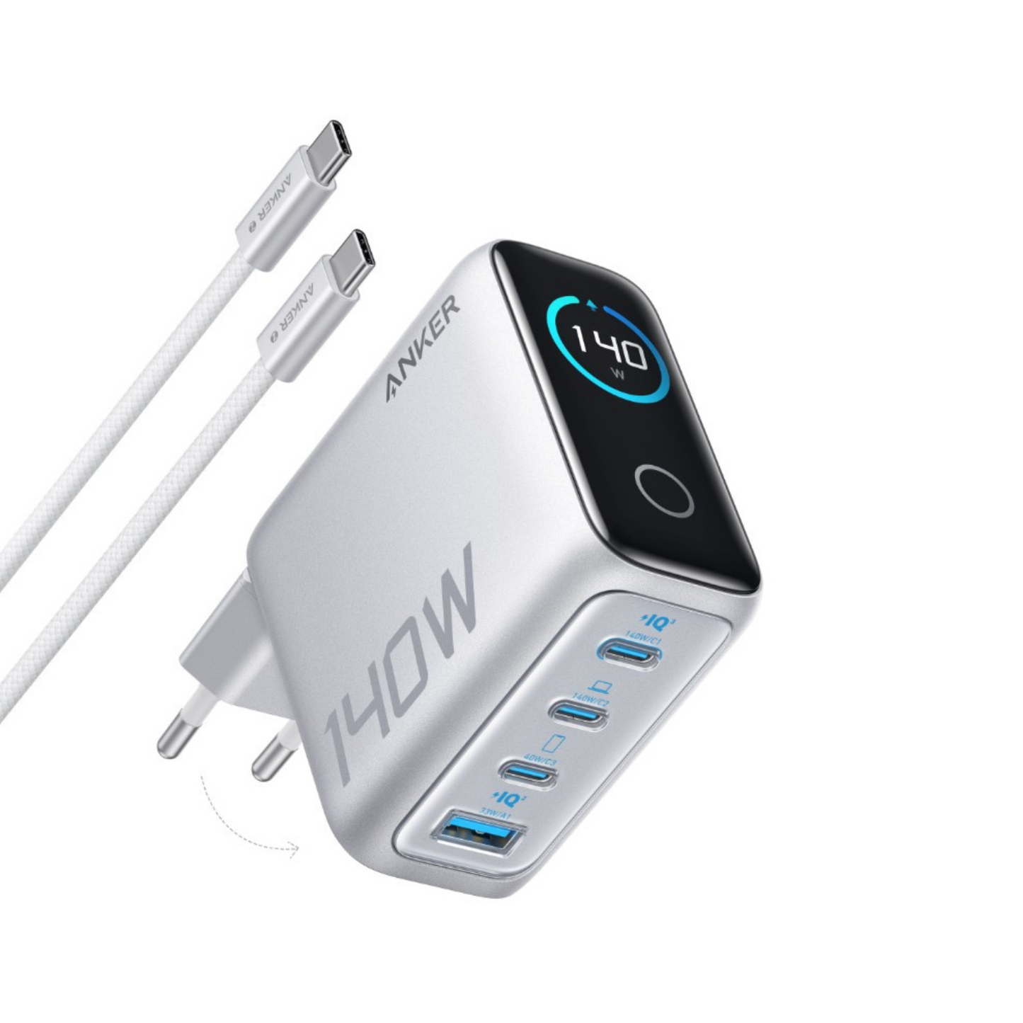 Sieťová nabíjačka s káblom USB-C Anker Zolo, 140W, 5A, 1 x USB-A - 3 x USB-C, Strieborná B2697G41