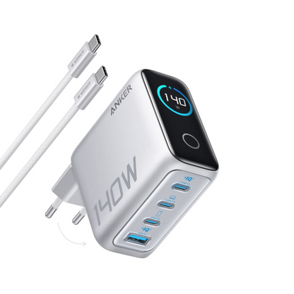 Sieťová nabíjačka s káblom USB-C Anker Zolo, 140W, 5A, 1 x USB-A - 3 x USB-C, Strieborná B2697G41