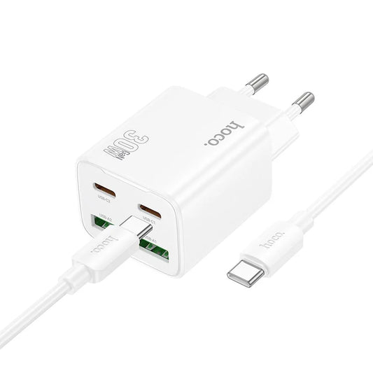 Sieťová nabíjačka s káblom USB-C HOCO N56, 30W, 3A, 2 x USB-A - 2 x USB-C, Biela