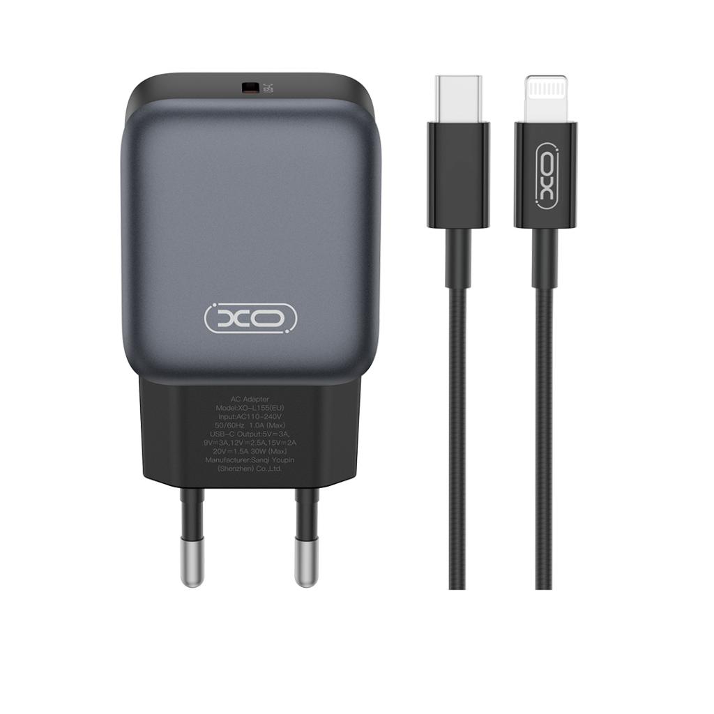 Sieťová nabíjačka s káblom Lightning XO Design L155, 30W, 3A, 1 x USB-C, čierna