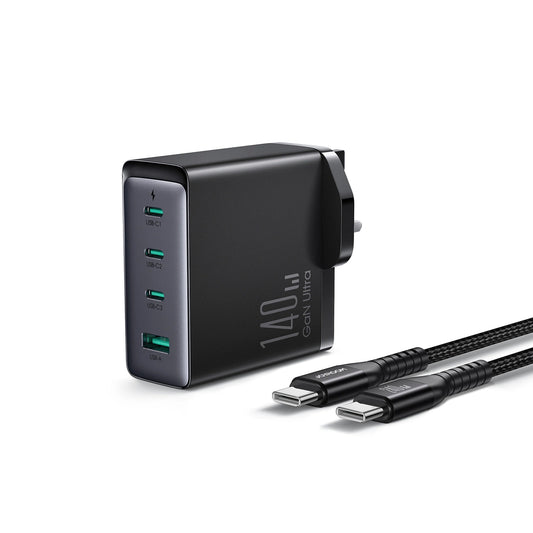 Sieťová nabíjačka s káblom USB-C Joyroom JR-TCG05UK, 140W, 5A, 1 x USB-A - 3 x USB-C, UK, čierna