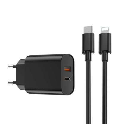 Sieťová nabíjačka s káblom Lightning WiWu Wi-U002, 20W, 3A, 1 x USB-A - 1 x USB-C, Čierna