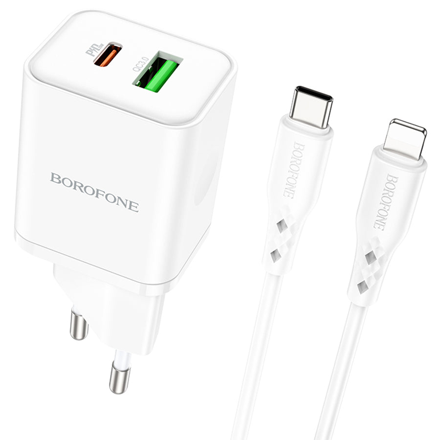 Sieťová nabíjačka s káblom Lightning Borofone BN7, 20W, 3A, 1 x USB-A - 1 x USB-C, Biela