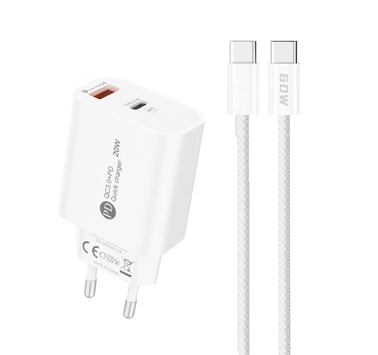 Sieťová nabíjačka s káblom USB-C A6MaxL, 20W, 3A, 1 x USB-A - 1 x USB-C, Biela