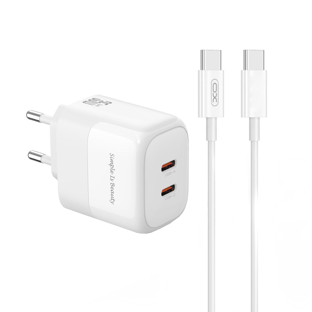 Sieťová nabíjačka s káblom USB-C XO Design L140, 35W, 3A, 2 x USB-C, Biela