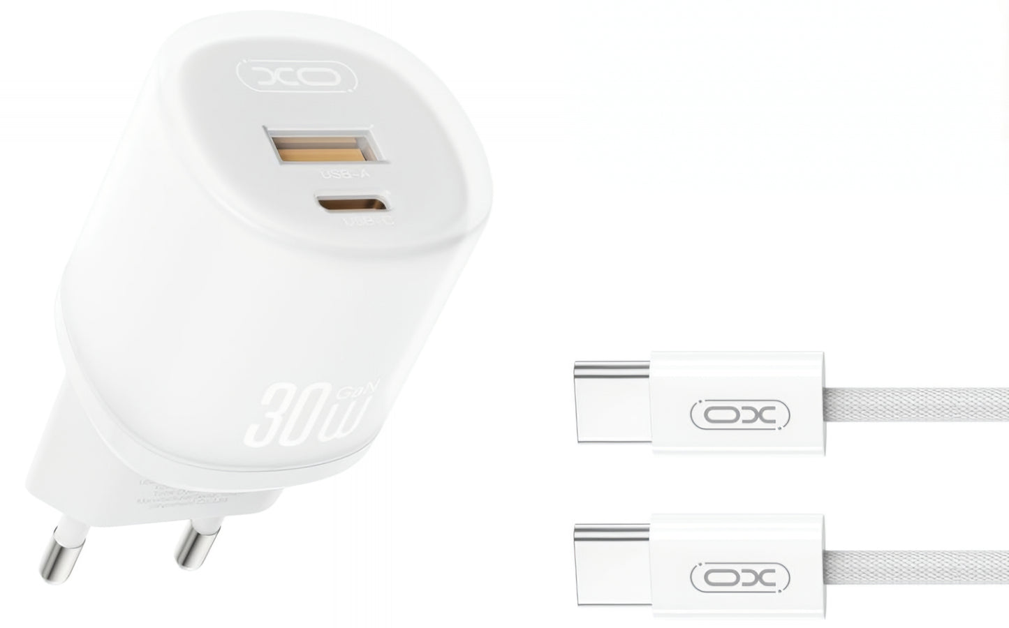Sieťová nabíjačka s káblom USB-C XO Design L151, 30W, 3A, 1 x USB-A - 1 x USB-C, Biela