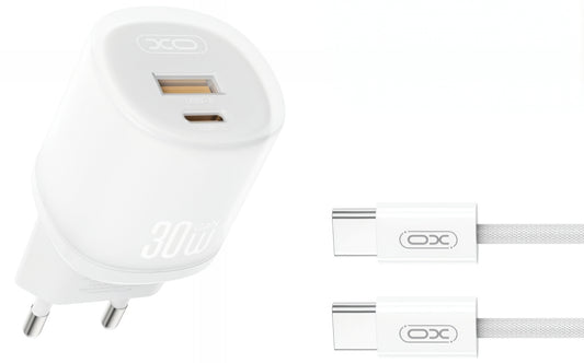 Sieťová nabíjačka s káblom USB-C XO Design L151, 30W, 3A, 1 x USB-A - 1 x USB-C, Biela