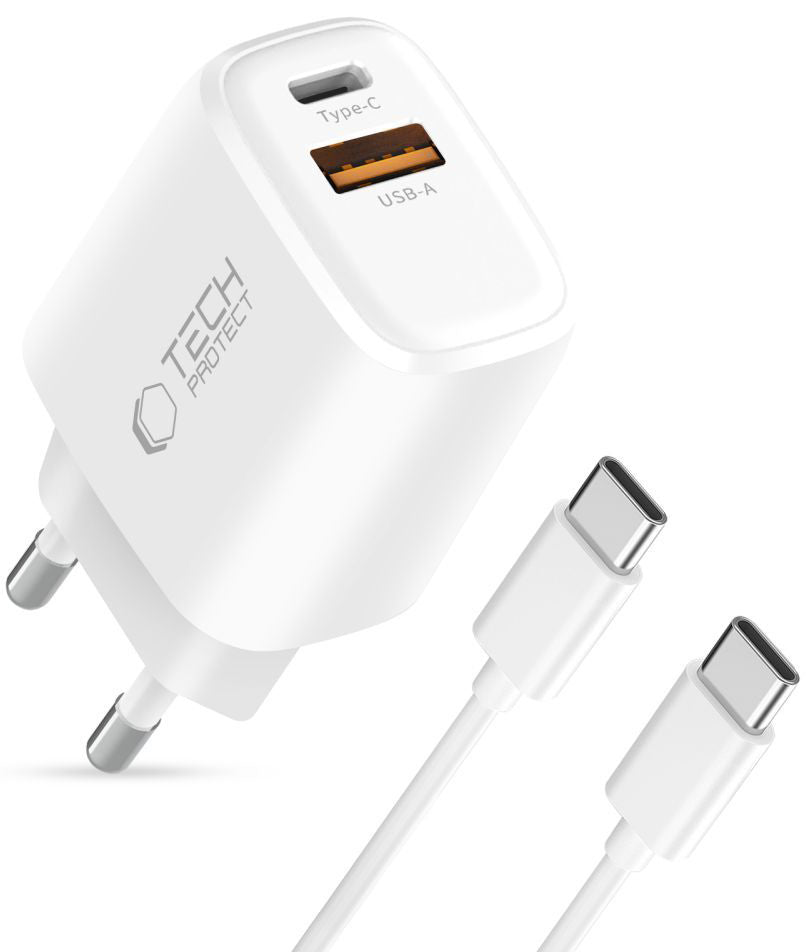 Sieťová nabíjačka s káblom USB-C Tech-Protect NCA45W, 45W, 3A, 1 x USB-A - 1 x USB-C, Biela