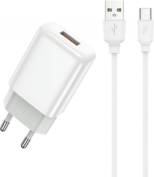 Sieťová nabíjačka s káblom USB-C Prestico F9S, 12W, 2.4A, 1 x USB-A, Biela