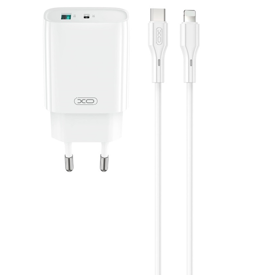 Network Charger with Lightning Cable XO Design CE30, 30W, 3A, 1 x USB-A - 1 x USB-C, White