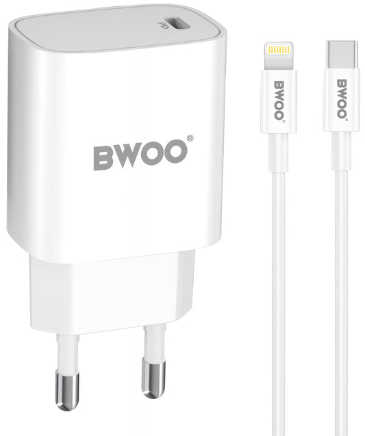 Sieťová nabíjačka s káblom Lightning BWOO CDA159, 20W, 3A, 1 x USB-C, Biela
