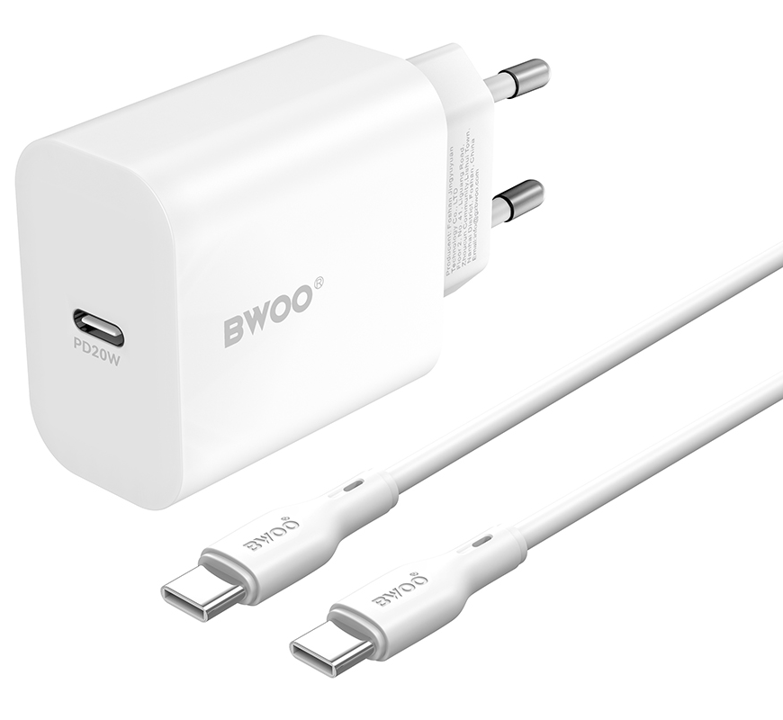 Network Charger with USB-C Cable BWOO CDA233, 20W, 3A, 1 x USB-C, White