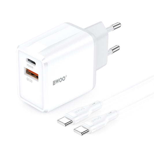 Sieťová nabíjačka s káblom USB-C BWOO CDA182, 38W, 3A, 1 x USB-A - 1 x USB-C, Biela