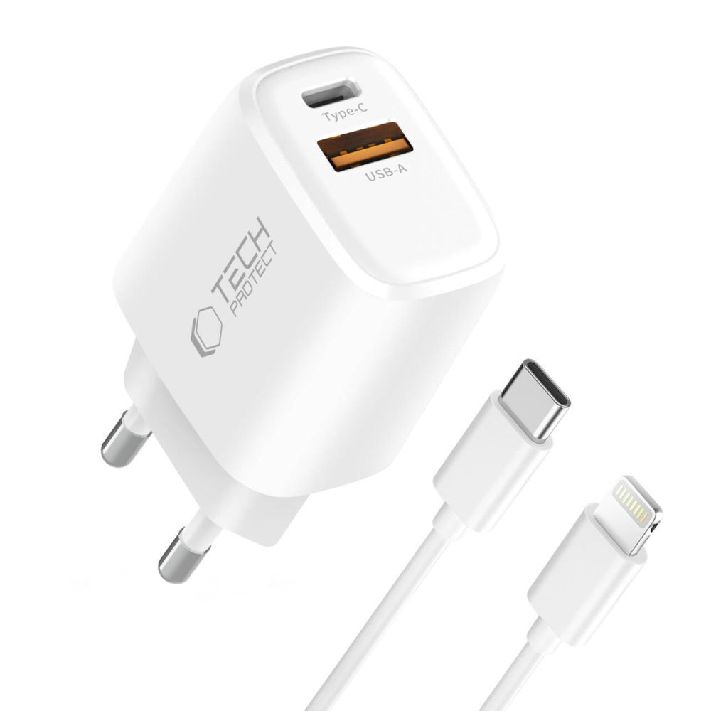 Sieťová nabíjačka s káblom Lightning Tech-Protect NCA20, 20W, 3A, 1 x USB-A - 1 x USB-C, biela