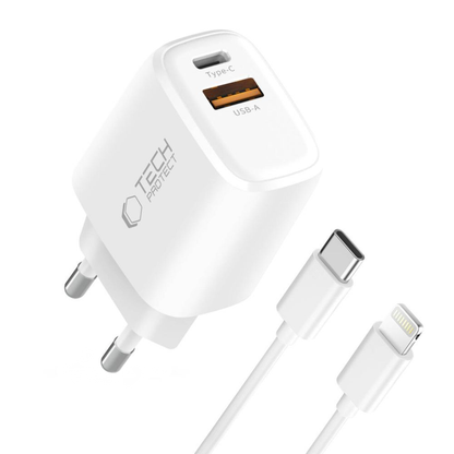 Sieťová nabíjačka s káblom Lightning Tech-Protect NCA20, 20W, 3A, 1 x USB-A - 1 x USB-C, biela