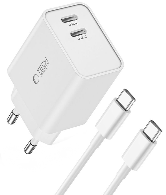 Sieťová nabíjačka s USB-C káblom Tech-Protect C35W, 35W, 3A, 2 x USB-C, biela