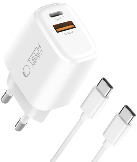 Sieťová nabíjačka s USB-C káblom Tech-Protect NCA20, 20W, 3A, 1 x USB-A - 1 x USB-C, biela