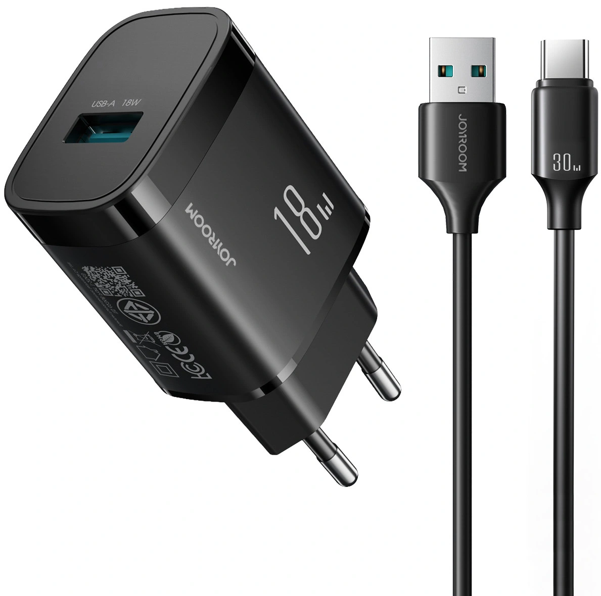 Sieťová nabíjačka s káblom USB-C Joyroom JR-TF4, 18W, 3A, 1 x USB-A, čierna