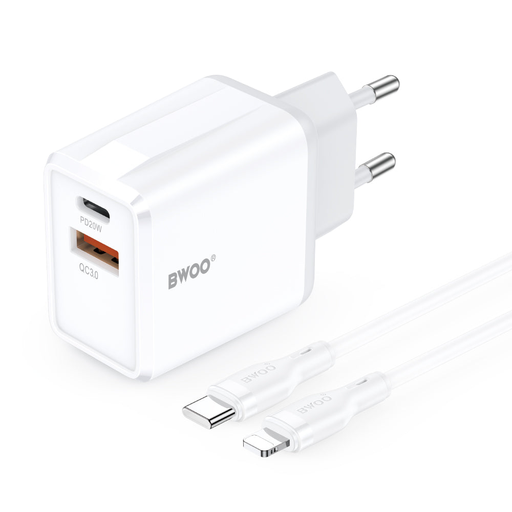 Sieťová nabíjačka s káblom Lightning BWOO CDA182, 38W, 3A, 1 x USB-A - 1 x USB-C, biela
