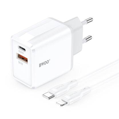Sieťová nabíjačka s káblom Lightning BWOO CDA182, 38W, 3A, 1 x USB-A - 1 x USB-C, biela