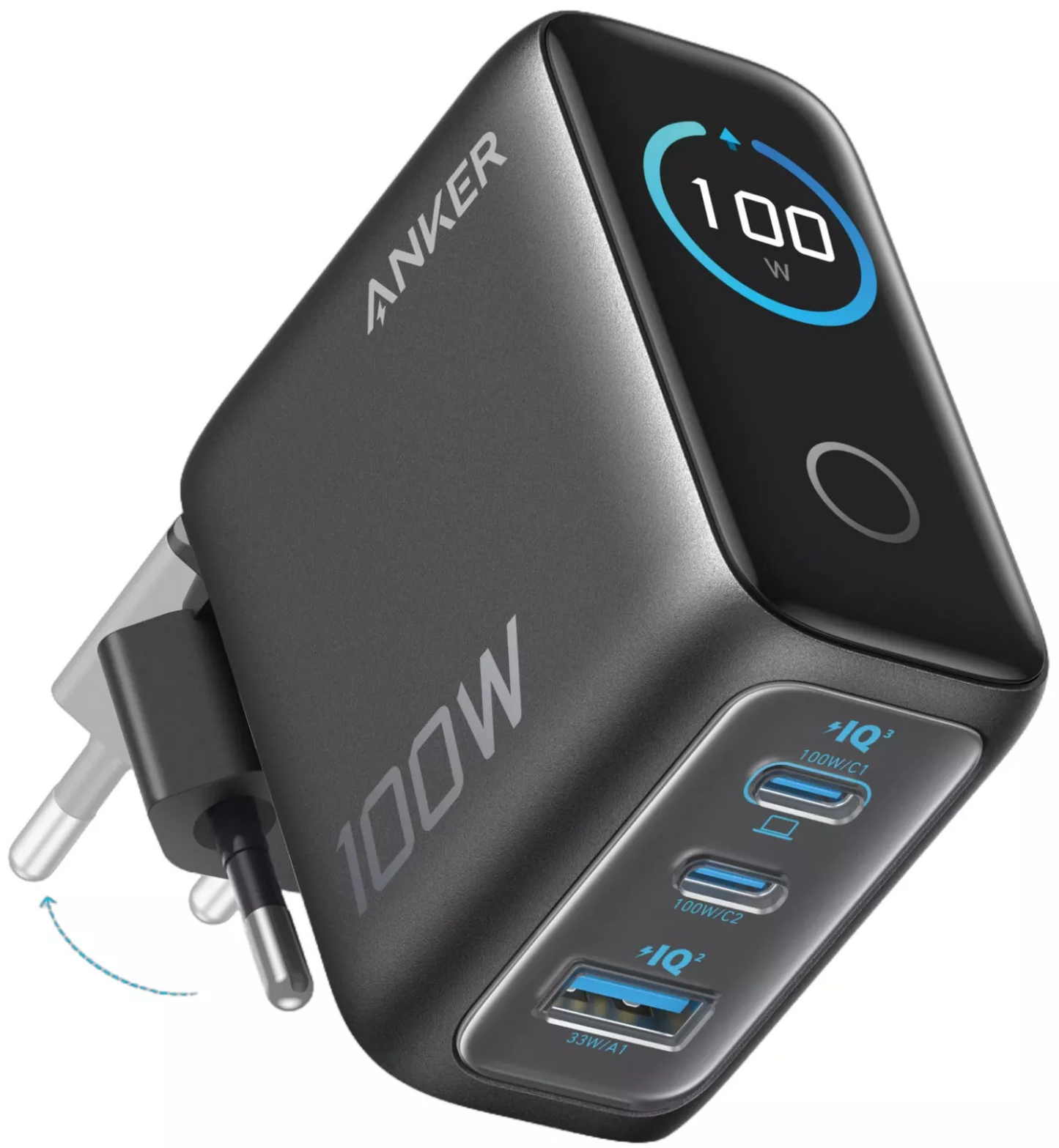 Sieťová nabíjačka s USB-C káblom Anker Smart Display, 100W, 5A, 1 x USB-A - 2 x USB-C, sivá, znovu zabalené B121BGZ1