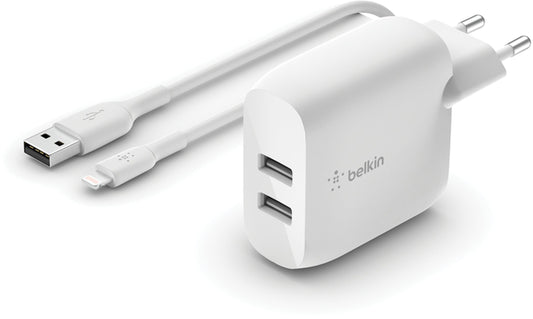 Sieťová nabíjačka s káblom USB-C Belkin BoostCharge Dual, 24W, 2,4A, 2 x USB-A, biela WCE001vf1MWH