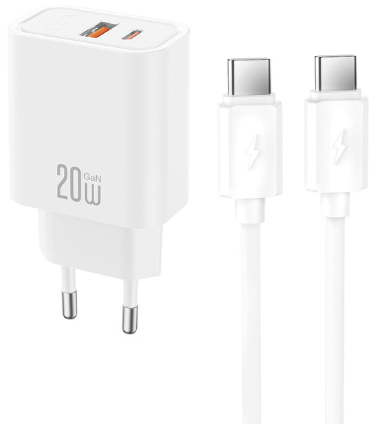 Sieťová nabíjačka s káblom USB-C XO Design CE40, 20W, 3A, 1 x USB-A - 1 x USB-C, biela