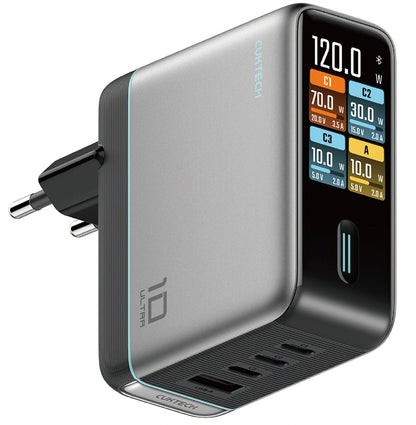 Sieťová nabíjačka s USB-C káblom Cuktech AD1204U Display, 120W, 6A, 1 x USB-A - 2 x USB-C, Strieborná