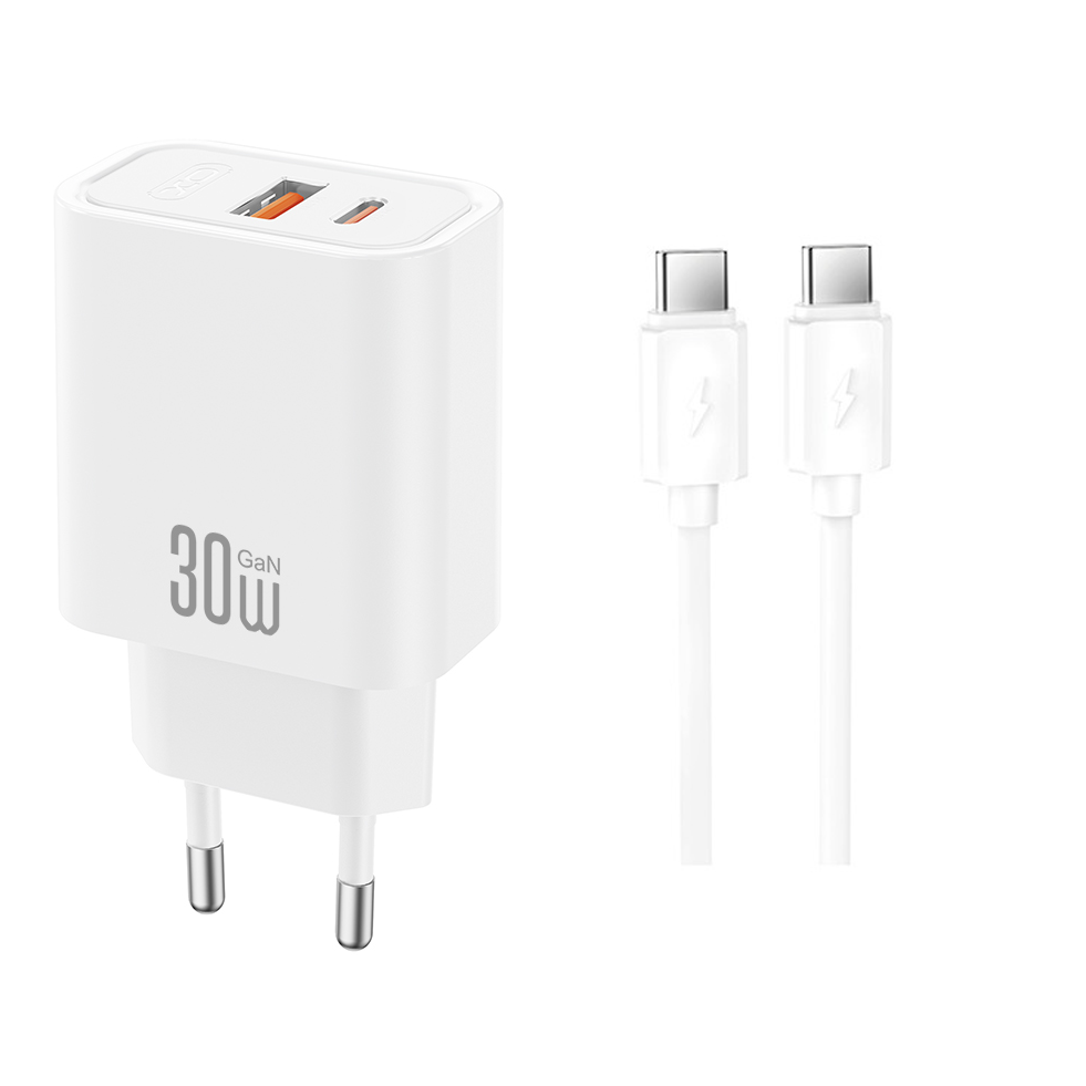 Sieťová nabíjačka s káblom USB-C XO Design CE42, 30W, 3A, 1 x USB-A - 1 x USB-C, biela