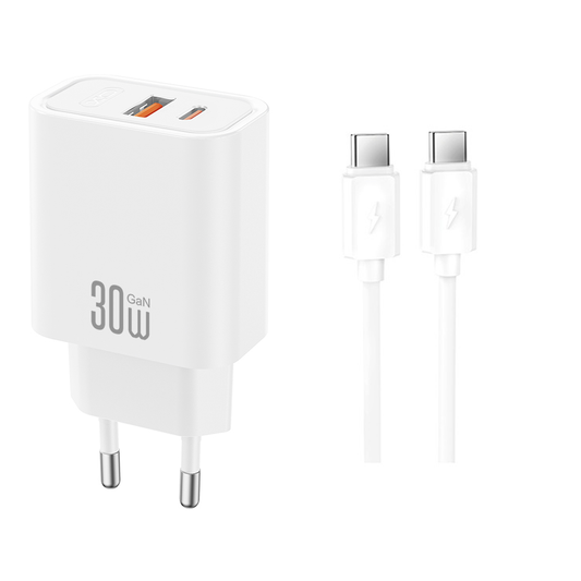 Sieťová nabíjačka s káblom USB-C XO Design CE42, 30W, 3A, 1 x USB-A - 1 x USB-C, biela