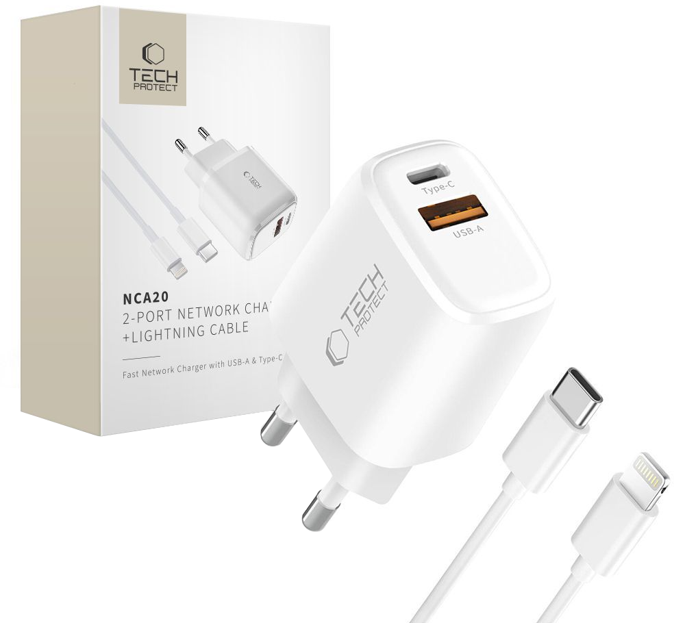 Sieťová nabíjačka s káblom Lightning Tech-Protect NCA20, 20W, 3A, 1 x USB-A - 1 x USB-C, biela