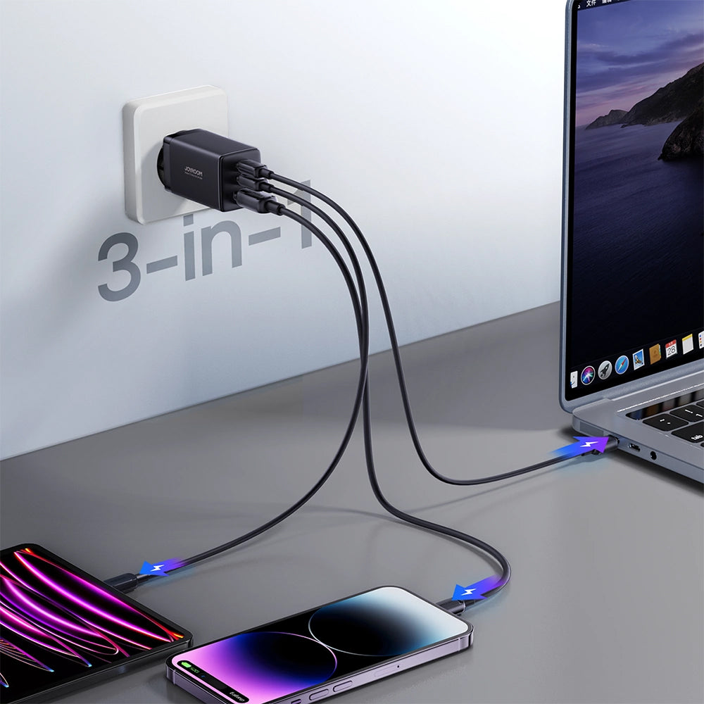 Sieťová nabíjačka s káblom USB-C Joyroom TCG01, 65W, 3.25A, 1 x USB-A - 2 x USB-C, Čierna