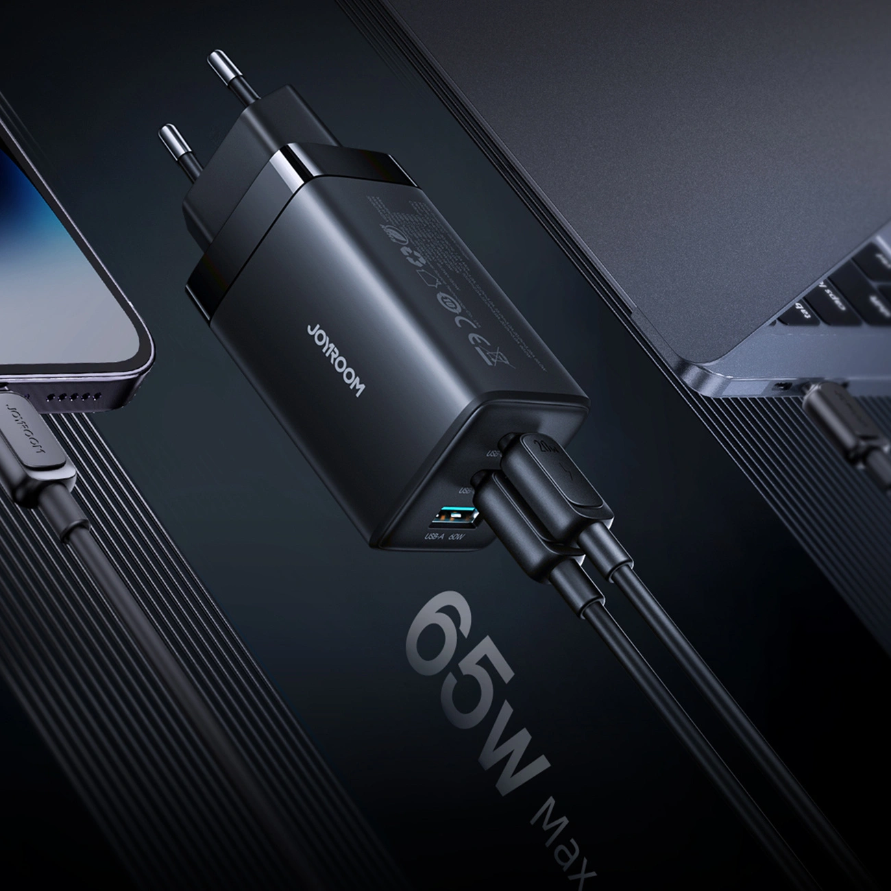 Sieťová nabíjačka s USB-C káblom Joyroom JR-TG10, 65W, 3,25A, 1 x USB-A - 2 x USB-C, čierna