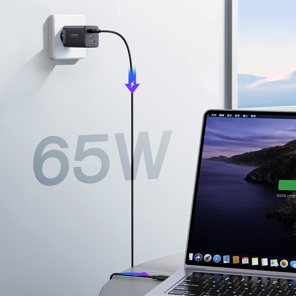 Sieťová nabíjačka s káblom USB-C Joyroom TCG01, 65W, 3.25A, 1 x USB-A - 2 x USB-C, Čierna