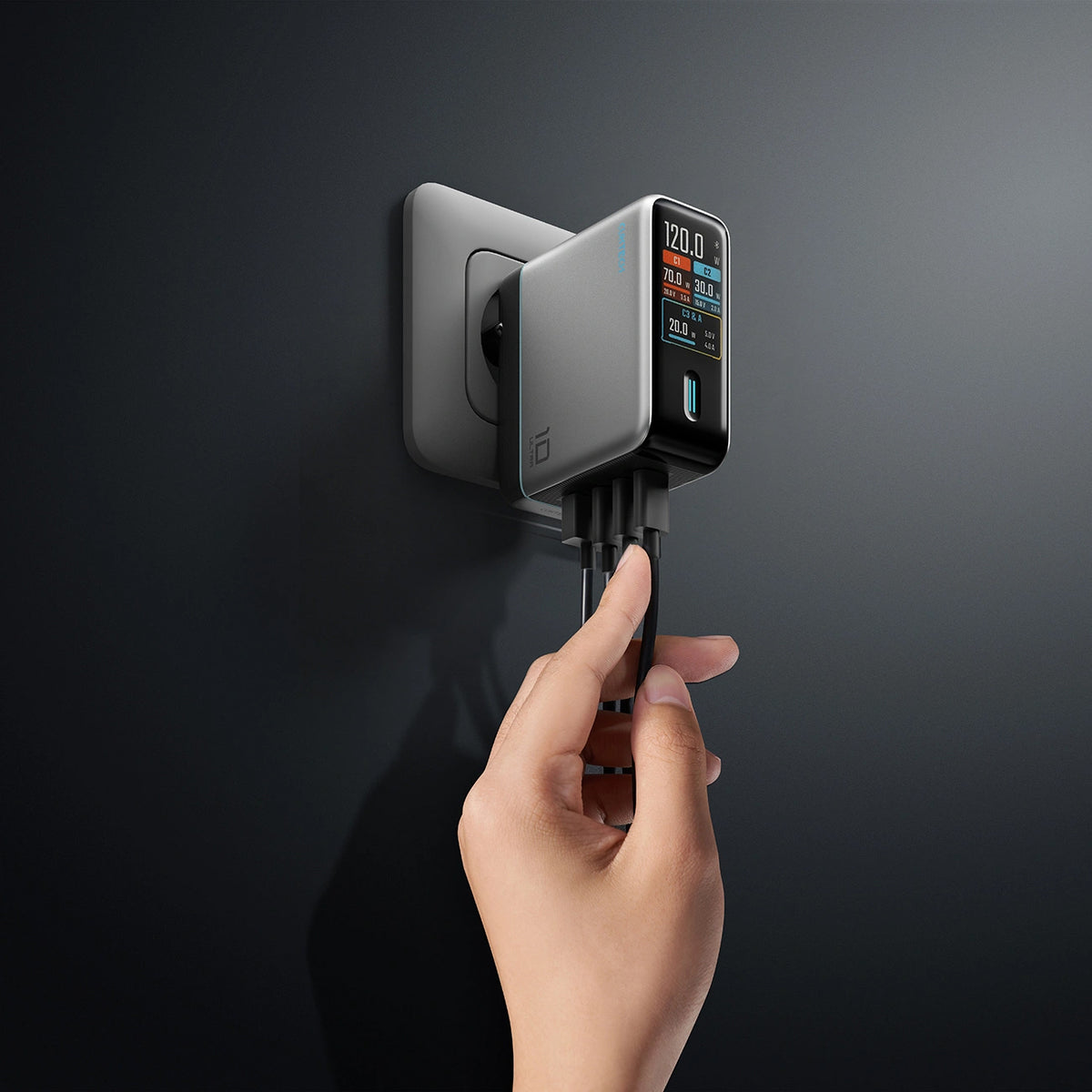 Sieťová nabíjačka s USB-C káblom Cuktech AD1204U Display, 120W, 6A, 1 x USB-A - 2 x USB-C, Strieborná