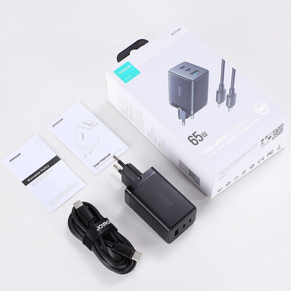 Sieťová nabíjačka s káblom USB-C Joyroom TCG01, 65W, 3.25A, 1 x USB-A - 2 x USB-C, Čierna