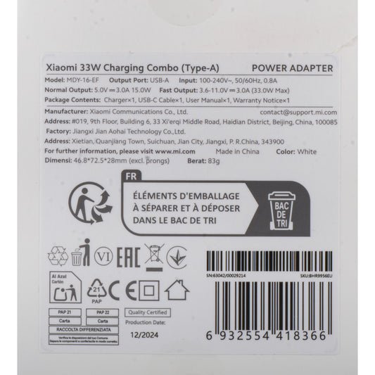 Sieťová nabíjačka s káblom USB-C Xiaomi, 33W, 3A, 1 x USB-A, Biela BHR9956EU