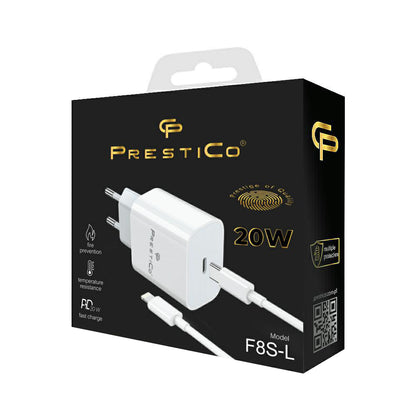 Sieťová nabíjačka s káblom Lightning Prestico F8S, 20W, 3A, 1 x USB-C, Biela