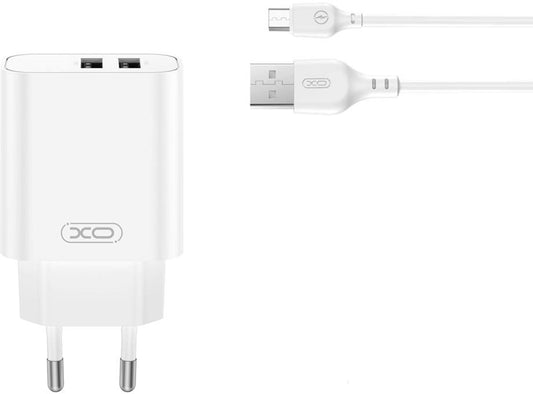 Sieťová nabíjačka s káblom microUSB XO Design CE34, 12W, 2.4A, 2 x USB-A, Biela