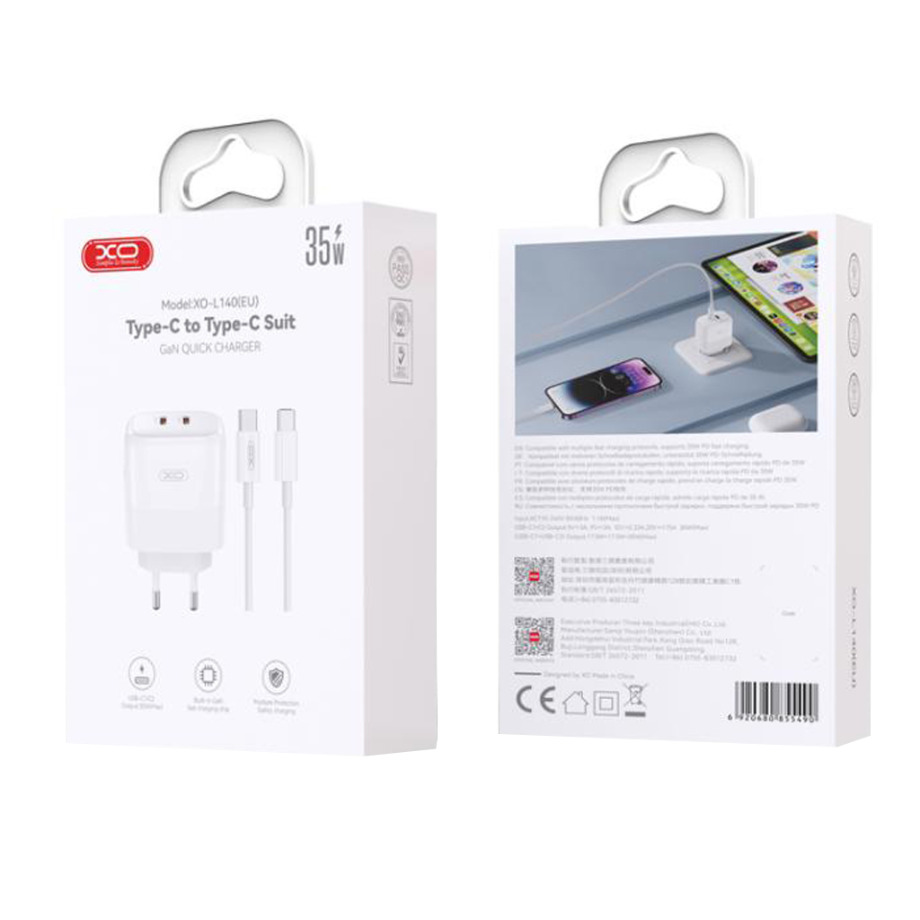 Sieťová nabíjačka s káblom USB-C XO Design L140, 35W, 3A, 2 x USB-C, Biela