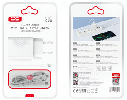 Sieťová nabíjačka s káblom USB-C XO Design L162, 30W, 3A, 1 x USB-C, Biela