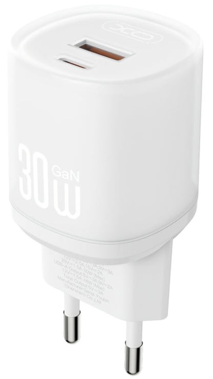 Sieťová nabíjačka s káblom USB-C XO Design L151, 30W, 3A, 1 x USB-A - 1 x USB-C, Biela